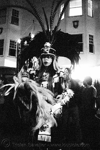 aztec dance group "xolo, sacred dance" - dia de los muertos - halloween (san francisco) - eva, aztec dancer, costumes, day of the dead, dia de los muertos, feathers, halloween, hat, makeup, night, p3200tmz, pushed, tmax