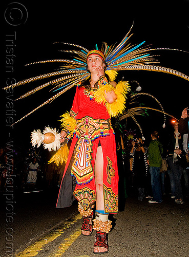 aztec dancer with feathers - dia de los muertos - halloween (san francisco), aztec, costume, day of the dead, dia de los muertos, feathers, halloween, makeup, mexican, night, woman