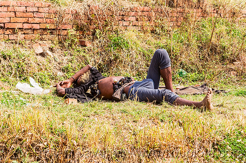 baba (hindu holy man) sleeping on grass (nepal), baba, bare feet, beard, bells, bhaktapur, grass, hindu, hinduism, lawn, laying down, man, resting, sadhu, sleeping