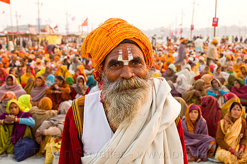 baba - hindu pilgrims - kumbh mela 2013 (india), ashram, baba, bhagwa, crowd, hindu man, hindu pilgrimage, hinduism, holy prasad, indian man, kumbh mela, pilgrims, ramanandi tilak, rows, sadhu, saffron color, sitting, tilaka, white beard