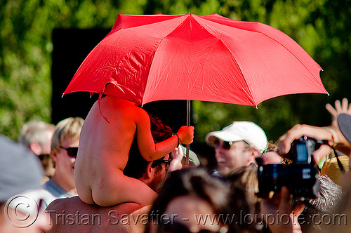 baby with red umbrella, baby, child, crowd, father, kid, red umbrella