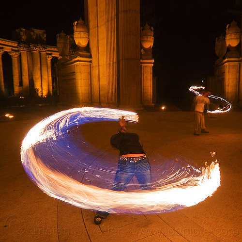 back stretching while spinning fire rope, ally, fire dancer, fire dancing, fire jumping rope, fire performer, fire rope, fire spinning, night, palace of fine arts, woman