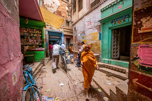 backstreet in old varanasi (india), bicycles, bikes, shops, varanasi