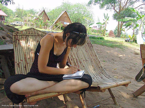 bamboo chairs - thailand, bamboo chairs, cross-legged, garden, hostel, sitting, woman, writing
