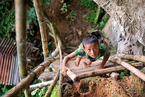 bamboo ladder to cliff cave near vang vieng (laos), bamboo ladder, boy, caving, child, cliff, guide, kid, natural cave, spelunking, vang vieng