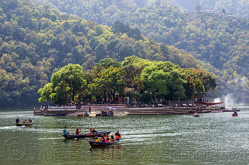 barahi island on pokhara lake (nepal), forest, island, lake, pokhara, river boats, trees