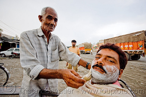 barber shaving a man (india), men, road, shave, shaving cream, street barber, working