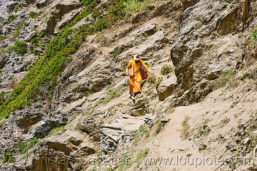barefoot hindu pilgrim on trail - amarnath yatra (pilgrimage) - kashmir, amarnath yatra, bare feet, barefoot, hindu pilgrimage, hinduism, kashmir, man, mountain trail, mountains, pilgrims, walking stick
