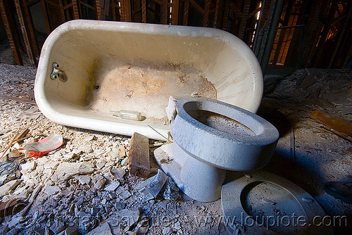 bath tub and toilet bowl in abandoned building, bath tub, defenestration building, toilet bowl