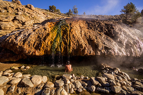 bathing in buckeye hot springs (california), bath, bathing, buckeye hot springs, california, concretions, dripping, eastern sierra, nude, pool, rocks, smoke, smoking, steam, travertine, woman