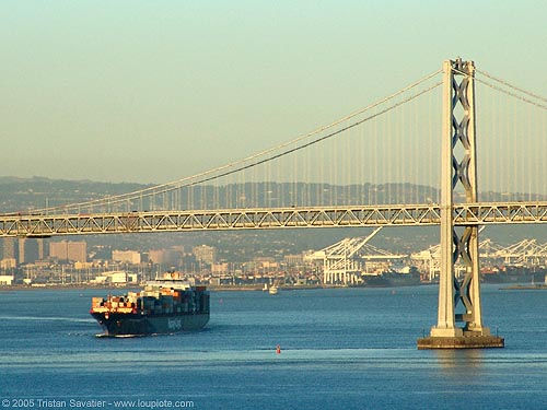 bay bridge (san francisco), boat, bridge pillar, bridge tower, cargo container ship, cargo ship, oakland harbor, suspension bridge
