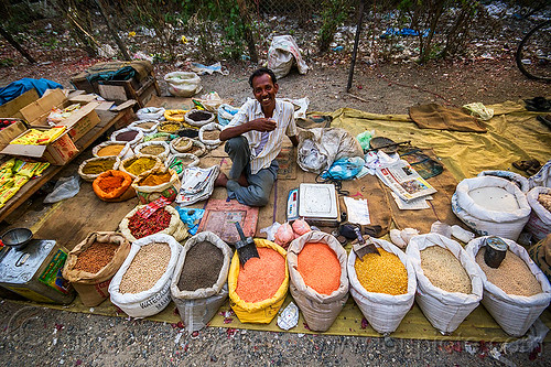 beans and spices stall at street market (india), beans, gairkata, man, sacks, spices, stall, street market, street seller, vendor, west bengal