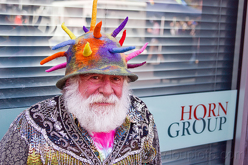 bearded hippie man - horn group - how weird street faire (san francisco), man, weird hat, white beard