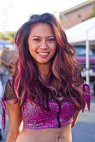 beautiful girl - dangerous creature, akiko, asian woman, fashion, long hair, pink hair strands, pink top, spotty top