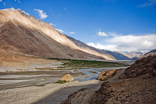 beautiful nubra valley - ladakh (india), ladakh, landscape, mountain river, mountains, nubra valley, river bed, satti
