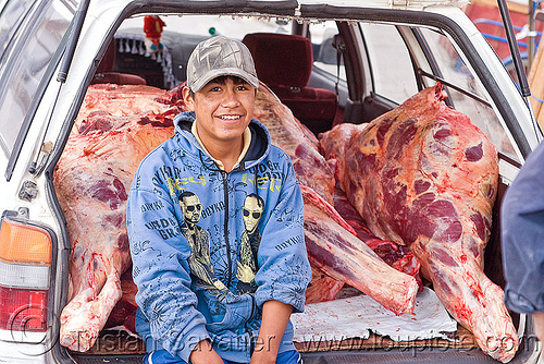 beef meat delivery, beef, bolivia, butcher, car, carcass, delivery, man, meat market, meat shop, raw meat