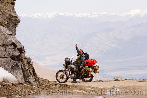 ben on his motorcycle - khardungla pass - ladakh (india), 350cc, ben, khardung la pass, ladakh, man, motorcycle touring, mountain pass, mountains, road, royal enfield bullet