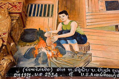 biblical scene on temple - luang prabang (laos), biblical, buddhism, buddhist temple, burned, chicjen, chicks, cooked, fire, luang prabang, painting, scene