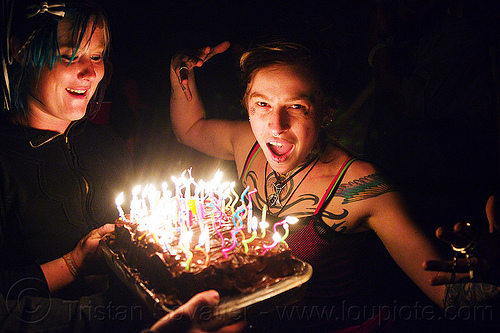 birthday cake with burning candles, birthday cake, birthday candles, fire, haley, leah, night, women
