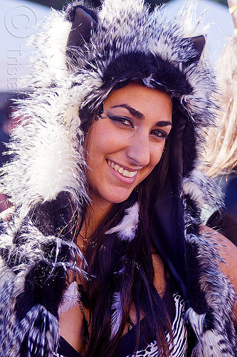 black and white furry fluffy outfit, woman