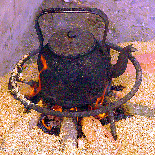 black teakettle on wood fire - tea pot - vietnam, burning, bảo lạc, fire, hill tribes, indigenous, kettle, teakettle
