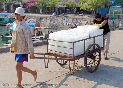 block ice on cart, block ice, blocks, cold, delivery, men