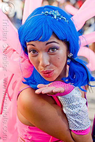blowing a kiss - woman with blue wig, asian woman, blowing kiss, blue wig, gay pride festival, janet, pink