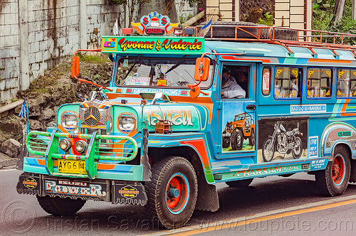 blue and green jeepney (philippines), baguio, colorful, decorated, front grill, jeepneys, painted, road, truck