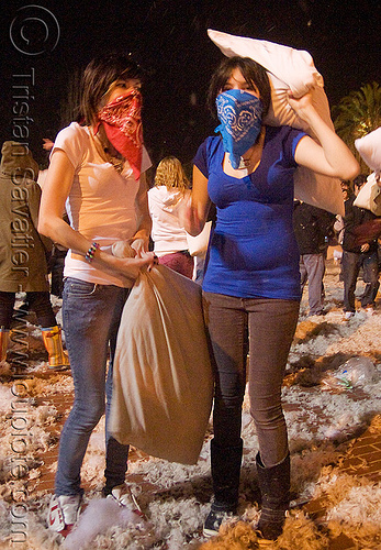 blue and red bandana girls - the great san francisco pillow fight 2009 - olivia, bandana, down feathers, face mask, girls, night, olivia, pillows, women, world pillow fight day
