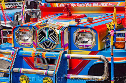 blue and red jeepney - front grill (philippines), baguio, colorful, decorated, front grill, jeepneys, painted, truck