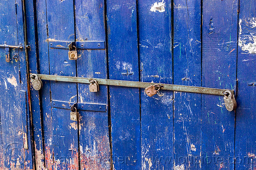 blue barred door with many padlocks (india), almora, barred door, blue door, closed, locked door, padlocks, paint, painted, wooden