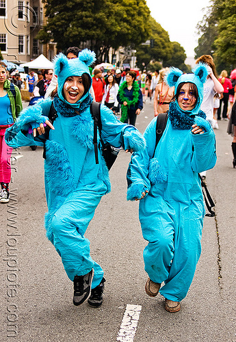 blue bears costumes - women, animal costumes, bay to breakers, blue, dancing, deena, footrace, furry, fuzzy, jumpsuits, street party, women