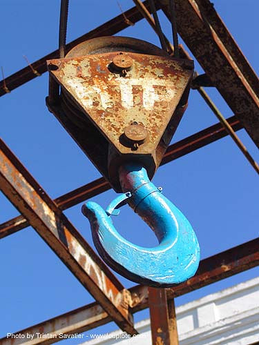 blue crane hook - abandoned industrial area (san francisco), blue, crane hook, pulley, trespassing