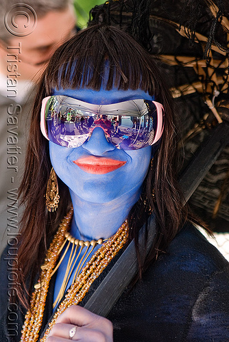 blue face paint - woman - sunglasses, blue color, face painting, facepaint, mirror sunglasses, woman