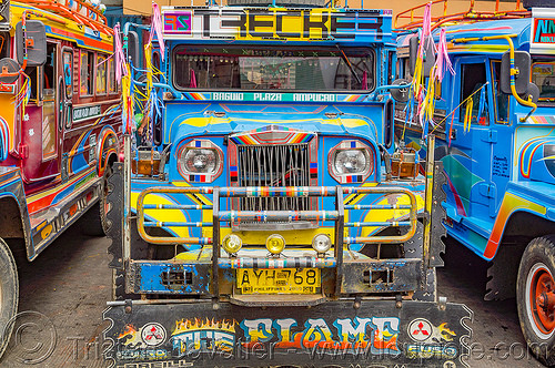 blue jeepney at station(philippines), baguio, colorful, decorated, front grill, jeepneys, painted, truck