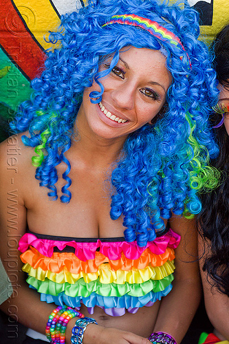 blue wig - rainbow bra, blue wig, colorful, gay pride festival, headband, kandi bracelets, kandi raver, party fashion, rainbow bra, rainbow colors, rainbow tube bra, rave fashion, woman