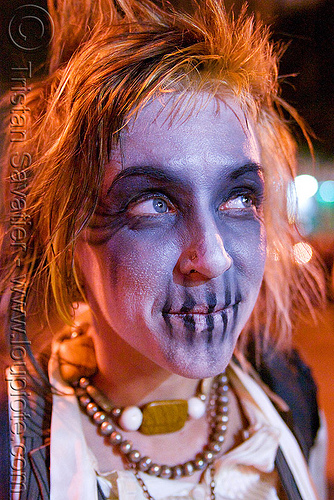 bluish skull makeup - dia de los muertos - halloween (san francisco), day of the dead, dia de los muertos, face painting, facepaint, halloween, makeup, night, woman