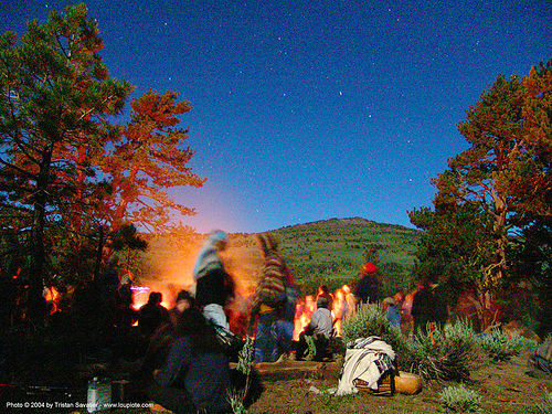 bonfire-under-stars - rainbow gathering - hippie, bonfire, hippie, night, stars, trees