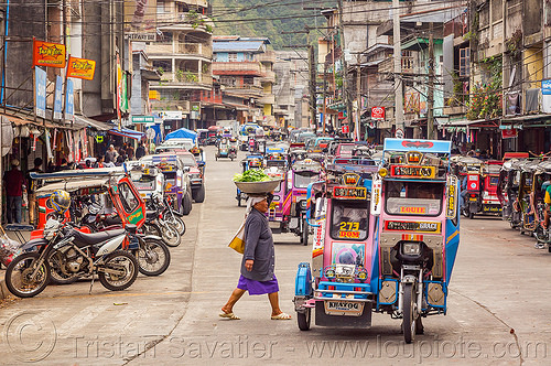 bontoc - motorized tricycles (philippines), bontoc, carrying on the head, colorful, crossing street, motorcycles, motorized tricycle, pedestrian, sidecar, tricycle philippines, woman