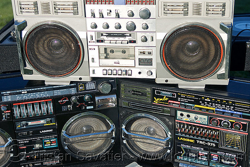 boomboxes cassette players stacked at park party, boomboxes, dj, ghettoblasters, lasonic, metri, radio, stereo