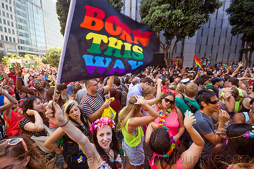 born this way - rainbow flag, crowd, dancing, gay pride festival, rainbow flag, street party