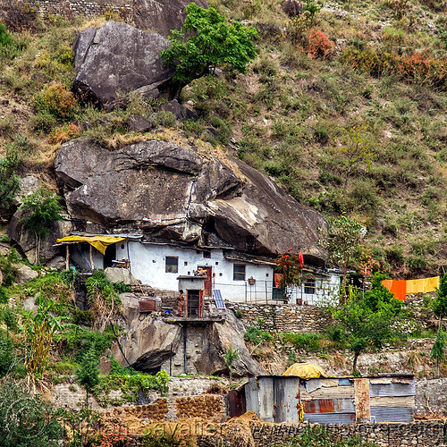 boulder house (india), alaknanda valley, architecture, boulder, grotto, house, mountains, rock