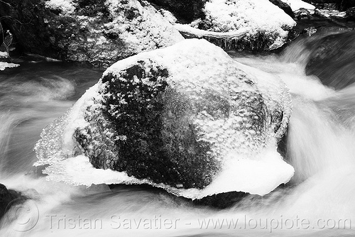 boulder in creek with snow and ice, boulder, creek, flowing, frozen, ice, river, rocks, snow, winter, yosemite national park