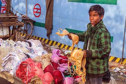 boy selling bras (india), boy, bras, delhi, indian, merchant, selling, stall, street market, street seller, street vendor, underwear