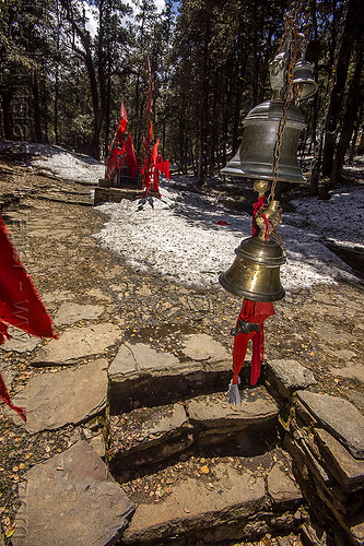 brass bells above hindu shrine steps in forest (india), bells, brass, forest, hinduism, mountains, red flags, shrine, snow