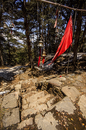 brass bells and red flags at hindu shrine in forest (india), bells, forest, hinduism, mountains, red flags, shrine, stairs, steps