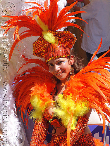 brazil carnival costume - orange feathers, brazilian, carnival costume, feather costume, feather headdress, hat, orange feathers, samba, san francisco carnival, woman
