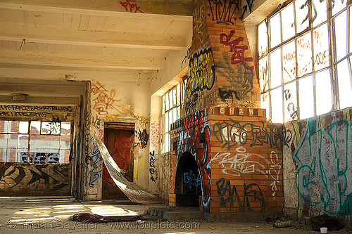 brick fireplace - abandoned factory (san francisco), brick, derelict, fireplace, graffiti piece, street art, tie's warehouse, trespassing