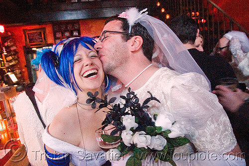 bride and groom dressed as bride - akatrielle - brides of march (san francisco), akatrielle, blue hair, bridal bouquet, bride, brides of march, flowers, man, wedding, white roses, woman