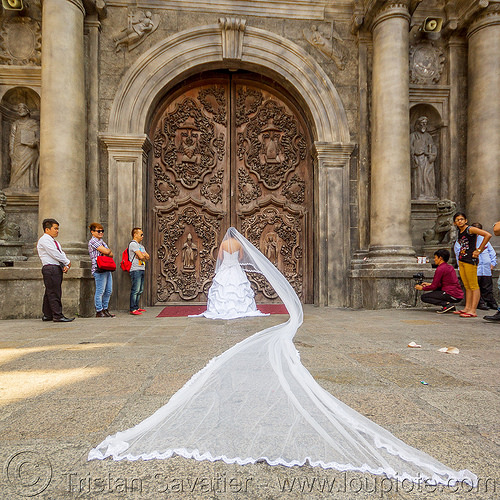 bride wedding dress with very long veil - manila (philippines), bride, door, long veil, manila, san augustin church, wedding dress, white, woman